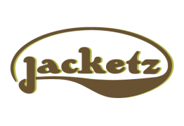 Jacketz-logo in bruine letters met een golvende omlijning op een blauwe achtergrond.