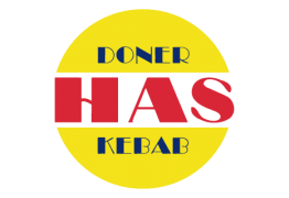Logo van Has Doner Kebab met gele achtergrond en rode en blauwe tekst.