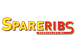 Logo van De Spareribs Specialist met opvallende gele en rode letters op een witte achtergrond.