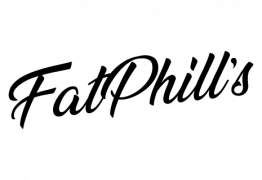 Logo van Fat Phill's met zwarte sierlijke letters op een lichte achtergrond.