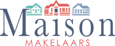 Maison Makelaars logo met een gestileerde huisicoon en de tekst KROON in blauwe en rode tinten.