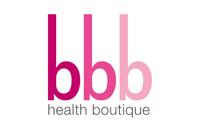 bbb health boutique logo met roze letters op een witte achtergrond.