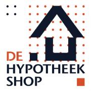 Logo van De Hypotheekshop met een gestileerd huis in donkerblauw en oranje stippen op een witte achtergrond.