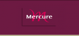 Mercure-logo met witte tekst op een paarse achtergrond.