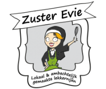 Cartoonvormgeving van Zuster Evie met schort en garde, tekst: Lokaal & ambachtelijk gemaakte lekkernijen.