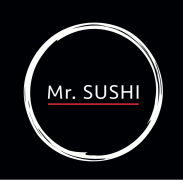 Mr. Sushi logo met witte cirkel en rode onderstreping op zwarte achtergrond.