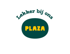 Logo van Plaza met de slogan 'Lekker bij ons' in groene en gele kleuren.