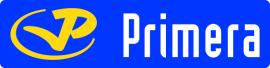 Primera-logo met gele pijl en blauwe achtergrond.