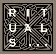 Rituals-logo met sierlijke geometrische patronen en beige letters op een donker achtergrond.