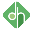 Groen logo van Delicious & Healthy met gestileerde initialen dh op een diamantvormige achtergrond.