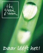 Groene stengel met waterdruppel en het logo van The Green Room met de slogan Daar lééft het!