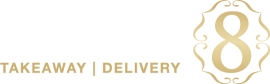 Sushi-Eight logo met de tekst 'Takeaway | Delivery' en een gestileerd cijfer 8 in goudkleur.