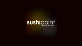 SushiPoint-logo met de tekst delivery - take away - catering op een donkere achtergrond.