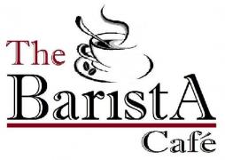 Het logo van The Barista Café met een gestileerde koffiekop boven de tekst.