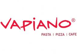 Vapiano logo met rode tekst en vermelding van Pasta, Pizza, Cafe.