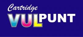 Donkerblauw logo van Cartridge VULpunt met kleurrijke letters op een effen achtergrond.