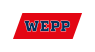 WEPP-logo met witte letters en een blauwe rand op een rode, trapeziumvormige achtergrond.