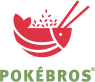 Logo van Pokébros met een gestileerde rode pokébowl en eetstokjes, ondersteund door groene tekst Pokébros.