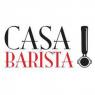 Casa Barista-logo met zwarte en rode tekst, met porta-filter en uitroepteken.