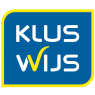 KlusWijs-logo met witte letters en gele rand op een blauwe achtergrond.