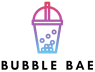 Gestileerd logo van Bubble Bae met een kleurrijke bubble tea beker en tekst eronder.