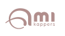 Logo van AMI Kappers met gestileerde letters en tekst in een zachte roze tint.