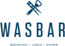 WASBAR-logo met iconen van wasknijper en flessenopener erboven, en tekst BREAKFAST LUNCH DINNER eronder.