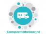 Logo van Campermakelaar.nl met een witte camper in een blauwe cirkel omringd door grijze stippen.