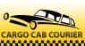 Zwart silhouet van een auto met tekst Cargo Cab Courier op een gele achtergrond met geblokte rand.