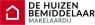 Logo van De Huizenbemiddelaar Makelaardij met rode achtergrond en gestileerd huispictogram.