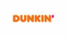 Dunkin' logo met oranje tekst en een roze apostrof op een witte achtergrond.
