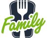 Logo van Family cafetaria met een vork en de tekst Family in groene letters.