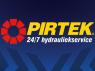 Pirtek-logo met rode bloemvorm en gele letters, daaronder witte tekst '24/7 hydrauliekservice' op een blauw achtergrond.