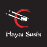 Logo van Hayai Sushi met eetstokjes en rode cirkel op zwarte achtergrond.