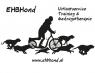 Silhouet van een persoon op een fiets omringd door rennende honden, met teksten over uitlaatservice en training.