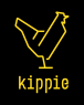 Stijlvolle gele lijntekening van een kip met het woord Kippie eronder op een zwarte achtergrond.