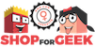 Twee lachende cartoonfiguren naast een logo met rode tandwielen en een vrouwensymbool, met de tekst Shop for Geek.