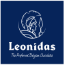 Leonidas-logo met een krijger en de slogan The Preferred Belgian Chocolates op een donkerblauwe achtergrond.