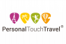 Logo van Personal Touch Travel met iconen van de Eiffeltoren, palmboom, kikker en luchtballon.