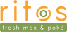 Logo van Ritos met de woorden fresh mex & poké in groene en oranje kleuren.