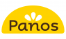 Panos-logo met bruine tekst en witte bloemvorm tegen een gele achtergrond.