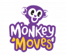 Paarse cartoon-aap boven het kleurrijke Monkey Moves-logo.