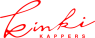 Rood Kinki Kappers-logo met schuine tekst en gestileerde penseelstreek.