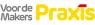 Logo van Praxis met de slogan Voor de Makers in grijze en gele letters met een rode accent op de i.