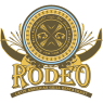 Logo van Rodeo Latin American Grill Restaurant met hoorns en decoratieve elementen.