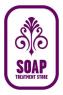 Logo van SOAP Treatment Store met een paars ornament en tekst in een rechthoekige omlijning.