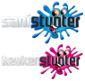 Logo's van Sanistunter en Keukenstunter met kleurrijke spatten en lachende gezichten.