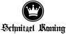 Logo van De Schnitzel Koning met een kroon in een zwart-wit cirkel en gotische letters.
