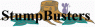 StumpBusters-logo met een afgezaagde boomstam en bladeren, vergezeld door een klein paars figuurtje.