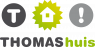 Logo van Thomashuis met drie symbolen: een T in een grijze cirkel, een huisje op een gele ster, en een uitroepteken.